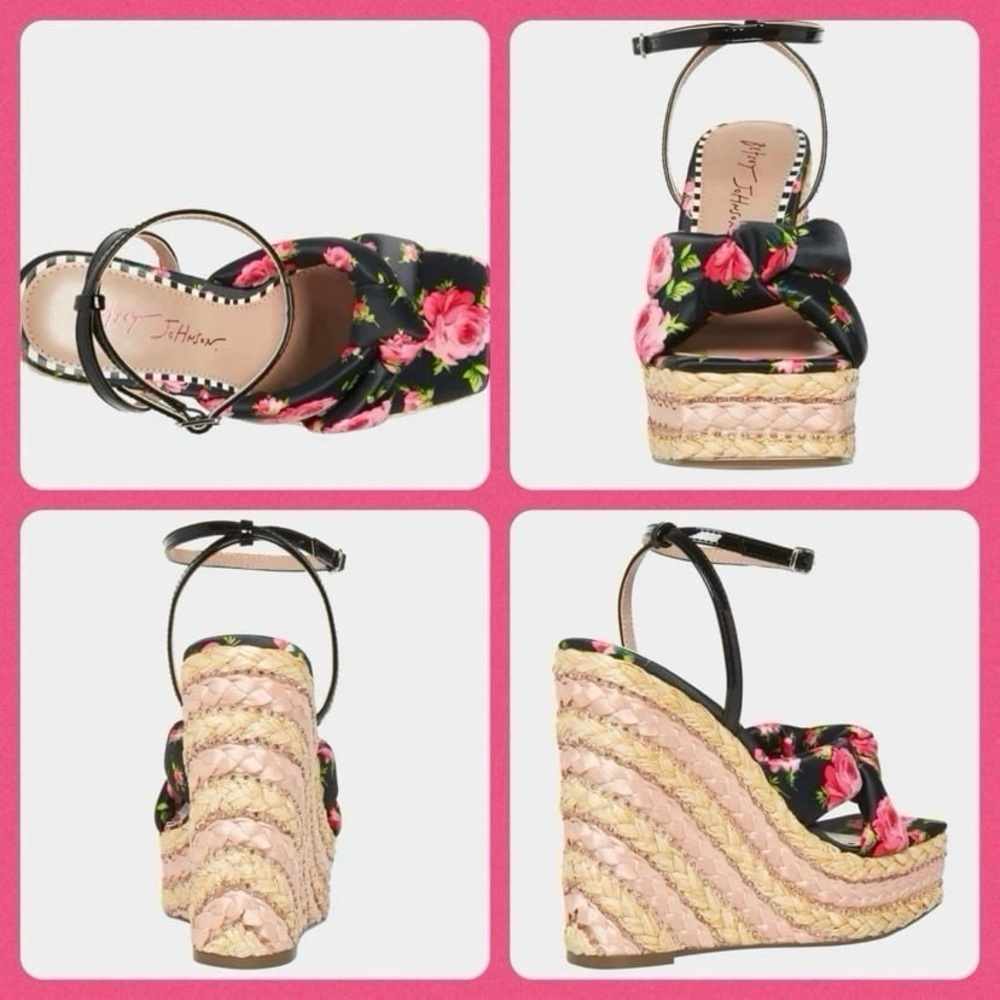 BNIB, Betsey Johnson Wedge Heels Pansie Black Multi Size 7.5.